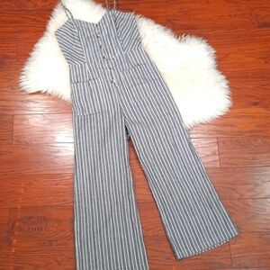 Vertical Striped Button Front Wide Leg Romper